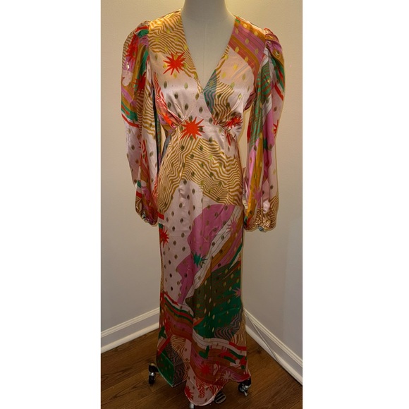 Never Fully Dressed Women’s 4 BEAUTIFUL Colorful Pink Gold Silky Maxi Dress - Picture 7 of 15